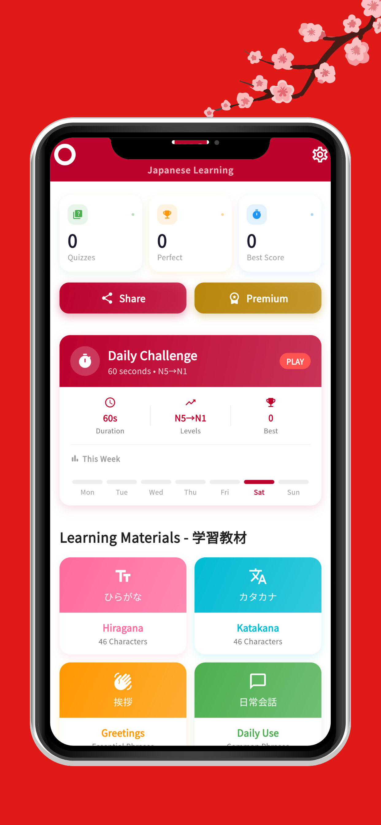 Gakushin - Learn Japanese ホーム画面